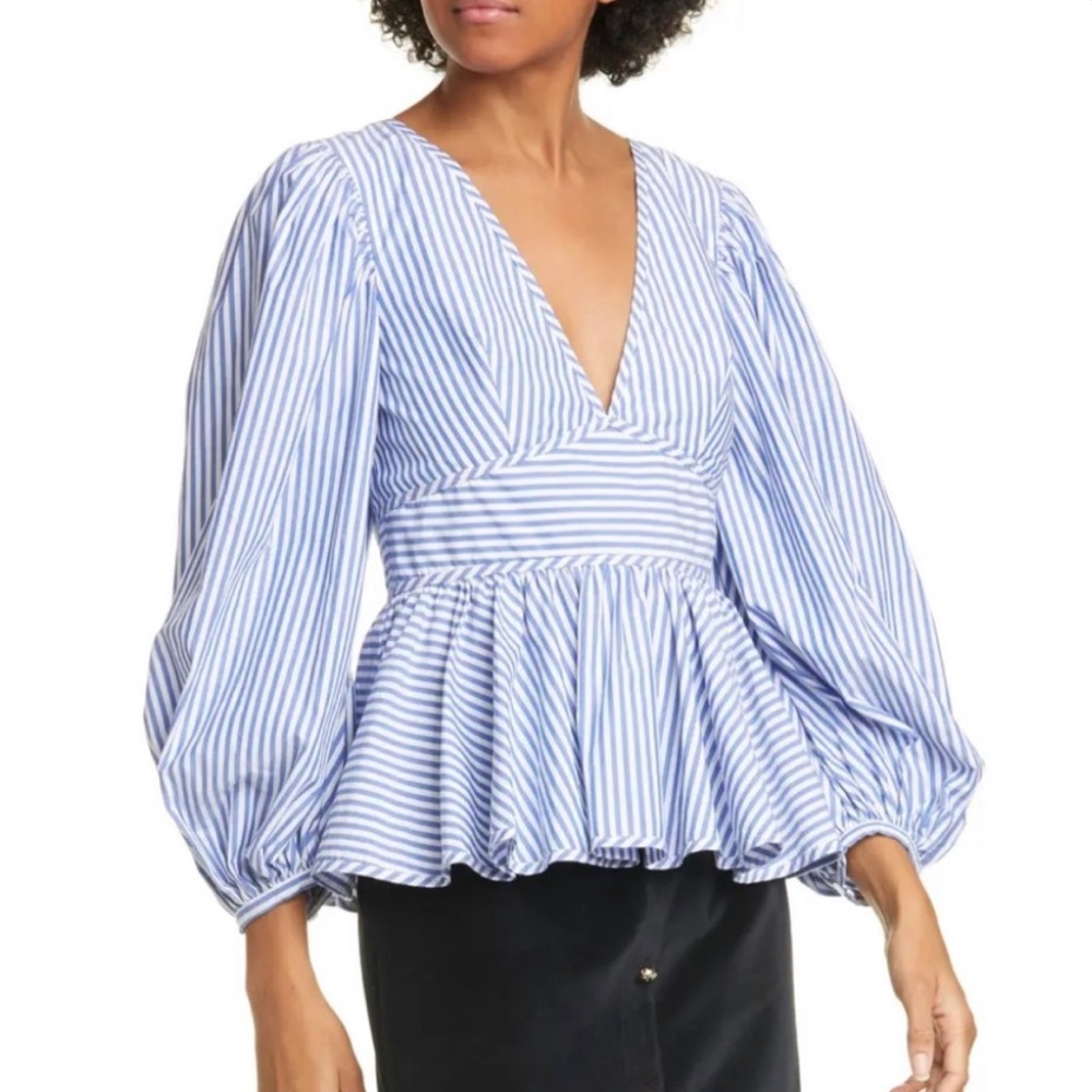STAUD Luna puff sleeve peplum top blue stripe 0